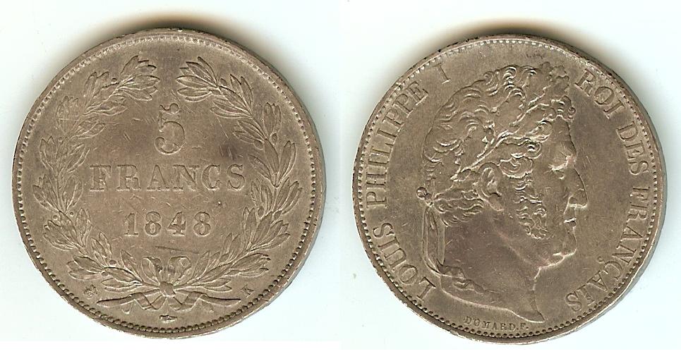 5 Francs Louis Philippe 1848K Bordeaux TTB+ à SUP
